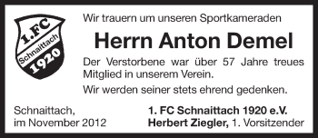 Traueranzeige von Anton Demel von Pegnitz-Zeitung
